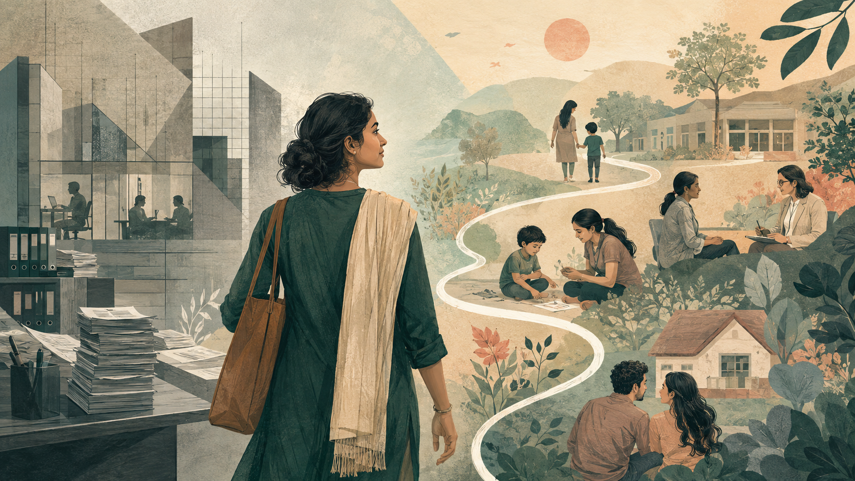 Editorial illustration of a woman moving from a structured corporate career towards a connected care ecosystem